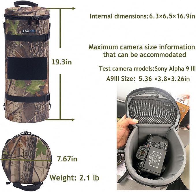 ZZQ&CCF Camera Lens Backpack for Sony FE 400-800mm f/6.3-8 G OSS Super-Telephoto Zoom Lens, Camo One Lens One Camera Bag, Water-Resistant Lens Case for Outdoor Photography # Update Jungle Leaf - Image 2