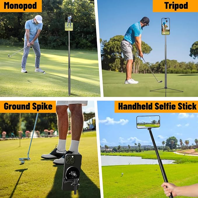 Golf Tripod & Monopod,Golf Swing Phone Holder,47.6" Magnetic Adjustable Aluminum Alloy Selfie Stick,Record Golf Swing and Training Aid,w/Spike Stake Mount,Compatible with All Phone Camera GoPro - Image 5