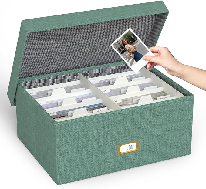Decorative Photo Storage Box, Linen Photo Box Holds 1700 5x7 Pictures Green | Photo Storage Containers with 8 Dividers, Memory Keepsake Organizer for Photos, Scrapbook Supplies, Cards, Stamps,Archive Box by JOLENSOY