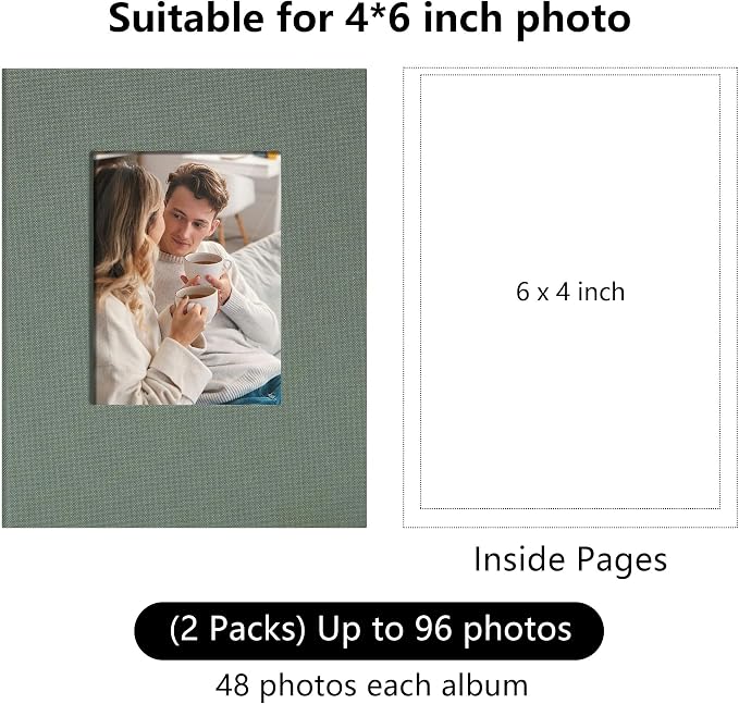 Small 4x6 Photo Album 24 Pockets Linen Cover Gray Green 2 Pack | Linen Cover, Front Window, Portable Mini Picture Book, Travel Wedding Memories - Image 2