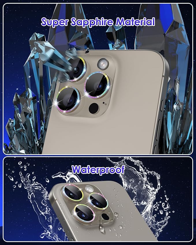Compatible for iPhone 15 Pro/iPhone 15 Pro Max Glitter Camera Lens Protector, Clear Acrylic Plus Aluminium Alloy Ring 9H Tempered Glass Screen Camera Cover, Gold+Colorful - Image 4