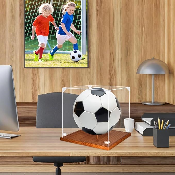 Clear Acrylic Soccer Display Case with Wood Base & Tee, Memorabilia Stand Cube Holder, Dust Protection Transparent Storage Box for Single Ball Souvenir Soccer Ball Collections - Image 7