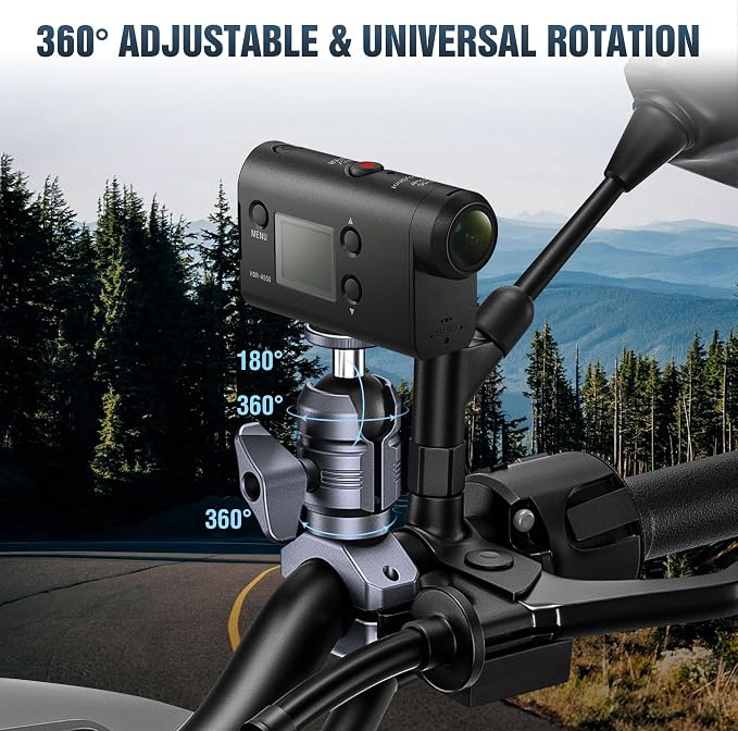Sport Camera Holder Kit, 25mm Ball Head with 1/4" Screw, 360° Rotatable Bracket for DSLR/Action Cameras, Fits 22-32mm Handlebar Camera Mount, for Vlogging, Motorcycle (KCB-8) - Image 3