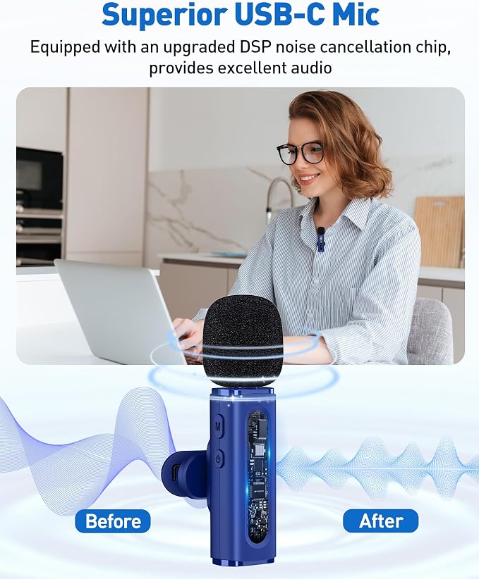USB C Lavalier Microphone Wireless Mini Mic for Type-C Android Phone/Tablet/PC Video Recording Clip-on Mics with Rotatable Clip&Denoise Recording, Ideal for Vlog Tiktok Youtube Content Creator, Blue - Image 3