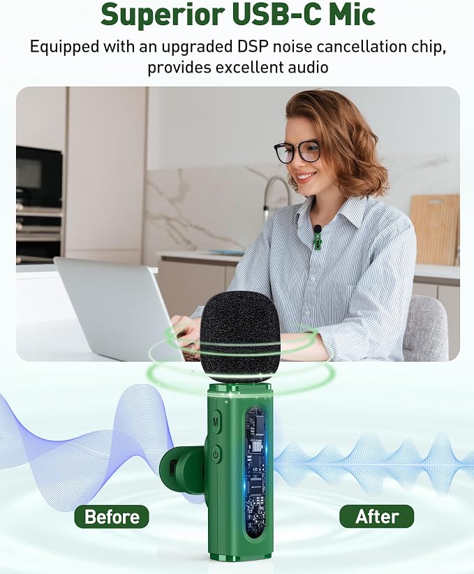 USB C Wireless Lavalier Microphone for iPhone, iPad & Android Phone, Green | 360° Rotatable Clip, Clear Indicator Light, Noise Reduction, Plug & Play, Ideal for Vlogs, TikTok & YouTube Content Creators - Image 3