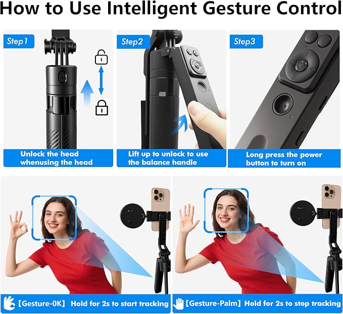 Auto Face Tracking Selfie Stick Tripod with Fill Light, 360 Rotation & Gesture Control, 70.9" Selfie Stick Tripod for iPhone with Remote for for TikTok/Vlog/Live Stream/Video Recording - Image 4