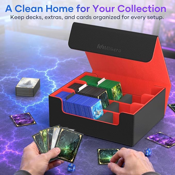Mlikero Trading Card Storage Box, Bulk Card Storage for 1800+ Sleeved Cards, PU Leather Magnetic Closure Card Organizer with 10 Dividers & 3 Foam Stoppers, Fit for MTG, TCG and Sports Cards (Red) - Image 2
