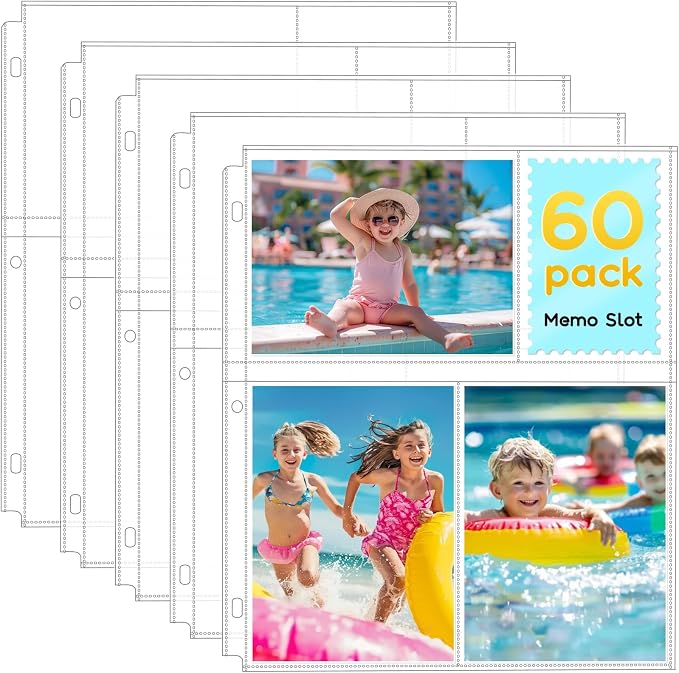 Fabmaker 60 Pack 4x6 Photo Sleeves for 3 Ring Binder, Hold 360 Photos | Clear Plastic Binder Sleeves, Photo Album Refill Pages, Acid Free Archival Page Protector, Binder Inserts for Postcard by Fabmaker