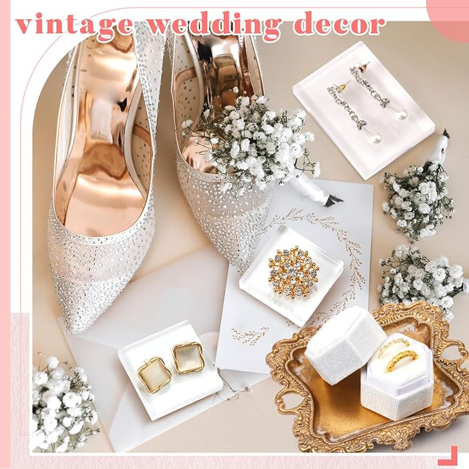 Cinnvoice 20 Pcs Flat Lay Props for Wedding Jewelry, Vintage Tray, White | Velvet Ring Boxes with Gold Tray, Acrylic Backdrops, Multi-color Staging Cards for Jewelry Display and Bridal Photography - Image 7