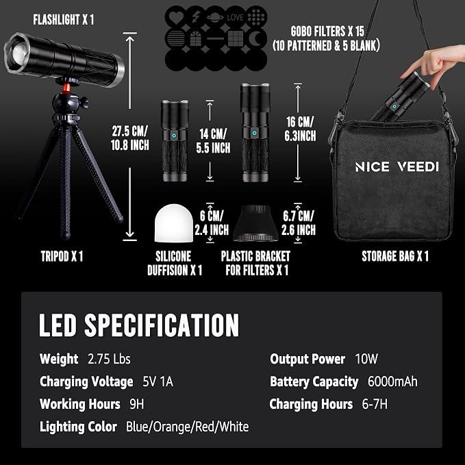 NiceVeedi 4-Color Handheld Photography Lighting Kit with 15 GOBO Filters & Tripod, 6000mAh Rechargeable Photography Flashlight with Diffusion, Zoomable Lighting for Video Recording/Sunset - Image 8