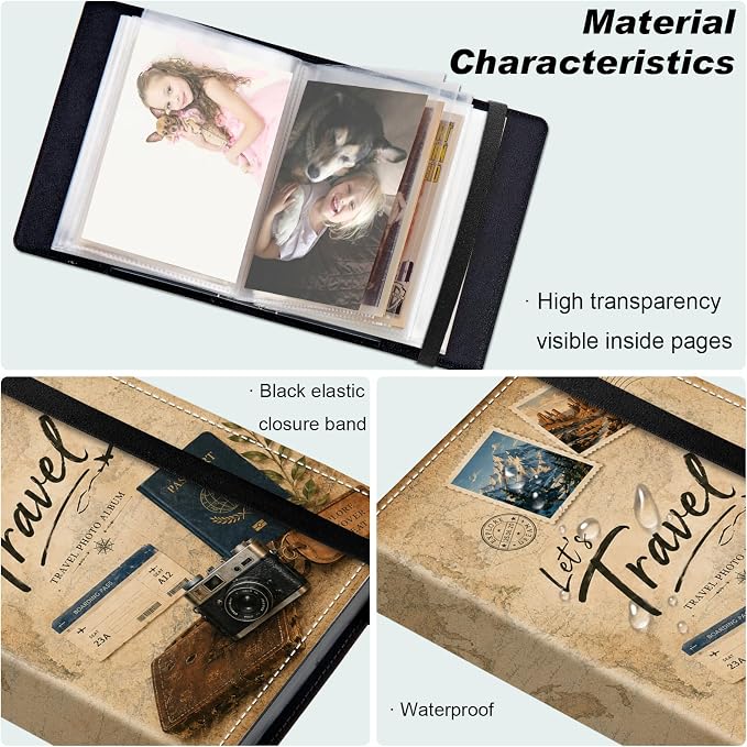 DEGDFSGR 4x6 Small Photo Album, 60 Pockets Holds 120 Photos | Slip-in pockets, black elastic band, portable for family, wedding, baby, travel photos, Vintage World Map Antique Globe - Image 5