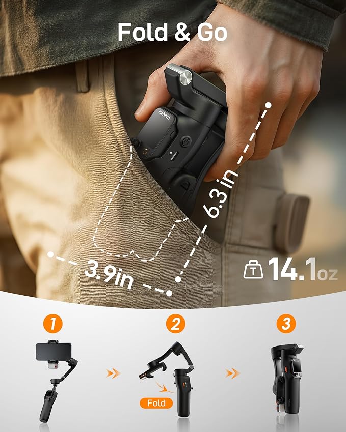 hohem iSteady V3 Ultra 3-Axis Gimbal Stabilizer for iPhone & Android | AI Live Feed Monitoring, AI Auto Tracking, Touchscreen Remote, iSteady 9.0 Anti-Shake, 8" Rod, Tripod, Fill Light, 9H Battery - Image 8