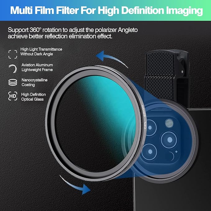67mm CPL Filter for iPhone & Android, Phone Polarizing Lens Kit with Clip-On Adapter to Eliminate Glare & Reflections for Professional Car Photography, Water, and Scenery, Travel Case Included - Image 7