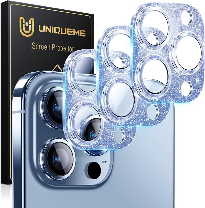 UniqueMe for iPhone 13 Pro Max/13 Pro Camera Lens Protector-Glitter Blue | 3 Pack-Acrylic, Not Glass, Case Friendly, Scratch-Resistant, Night Shooting Mode by UniqueMe
