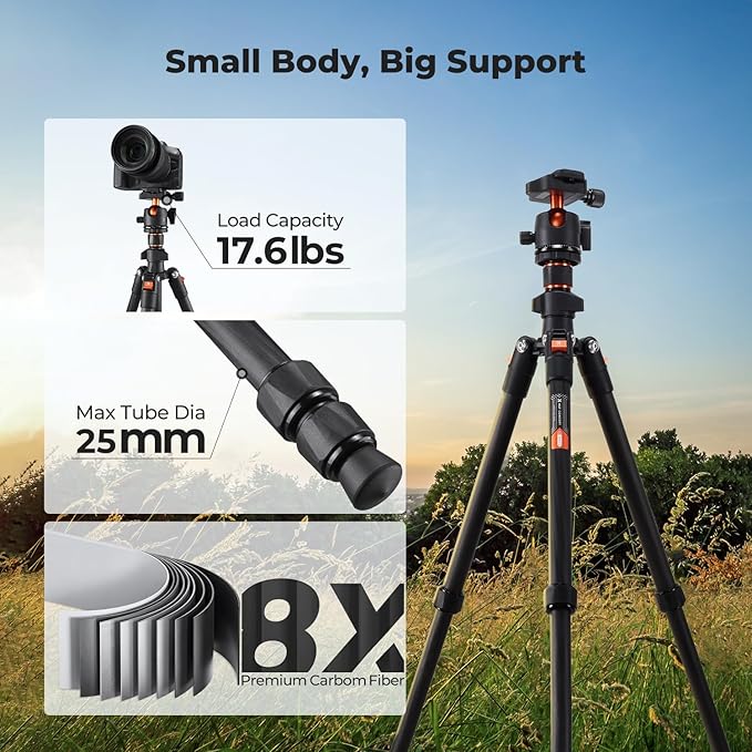 K&F CONCEPT 64" Carbon Fiber Camera Tripod with 1.4" Metal Ball Head | Lightweight Travel Tripod, Max Load 17.6lbs, Quick Release Plate, For DSLR Camera Indoor Outdoor, O254C2+BH-36 - Image 4