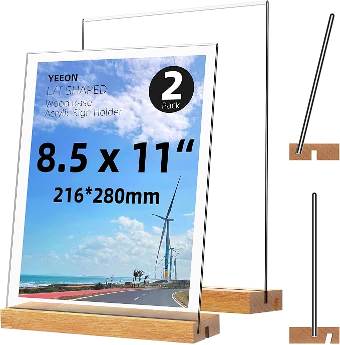 8.5x11 Inch Acrylic Sign Holder with Wooden Base, Desktop Display Stand (8.5x11 2Pack) by YEEON