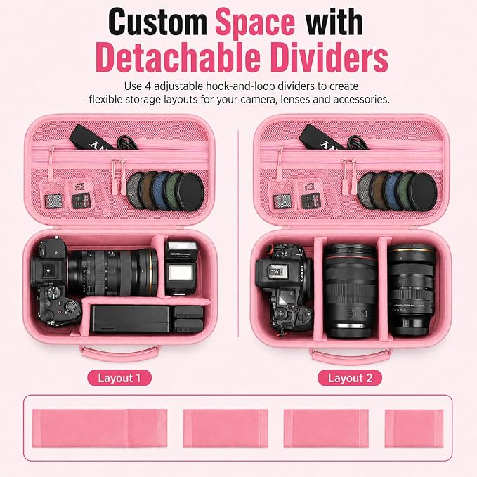 Camera Case for Canon EOS Rebel T7/R50/R100/for Sony a7iv/Mirrorless | EVA hard shell, Oxford fabric, 4 adjustable dividers and 3 mesh pockets for camera travel and home storage-Pink (Case Only) - Image 2