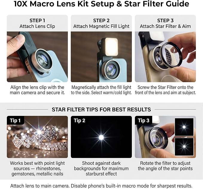 Macro Lens for iPhone 10X Phone Camera Lens Kit with Fill Light & Star Filter, Magnetic Warm/Cool Fill Light Universal Clip for Nail Art & Jewelry Photography - Image 7