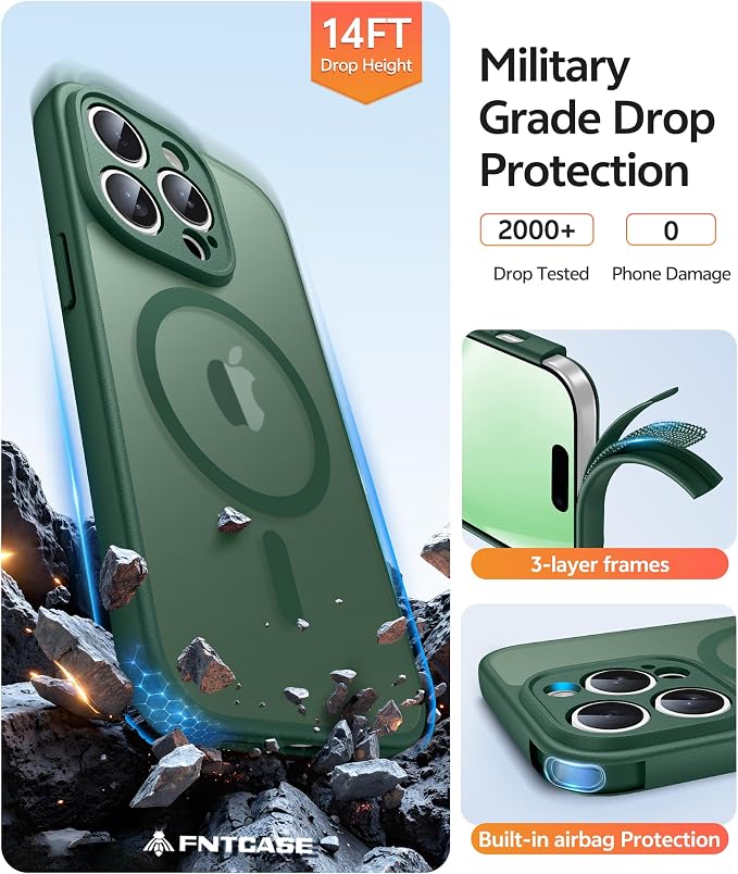FNTCASE for iPhone 14 Pro Case, Compatible with Magsafe, Screen Protector | Full Camera Protection, Translucent Matte, 14FT Military Grade Drop Proof, Shockproof Protective Phone Cover, Green - Image 5