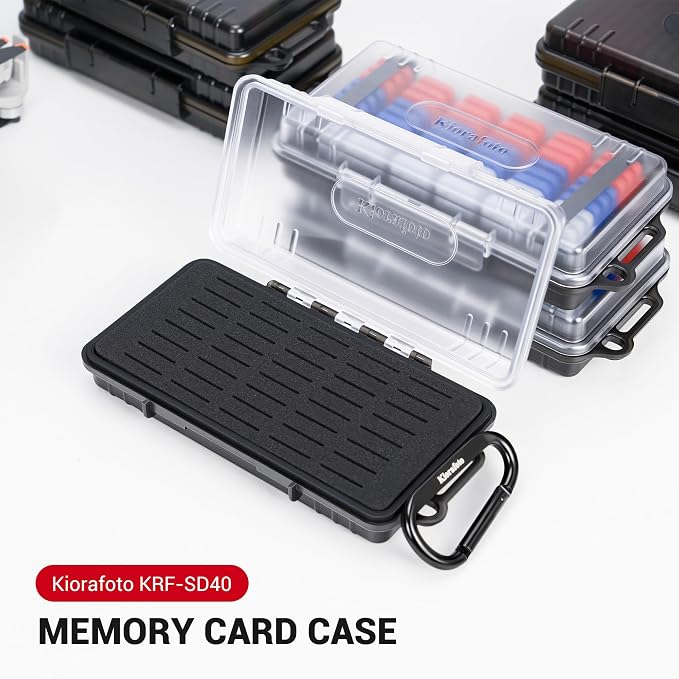 Kiorafoto Waterproof SD Card Holder with 40 Slots - Transparent | Large Capacity,Water-Resistant Memory Card Case,for 40 SD SDHC SDXC Cfexpress Type A PSV PS Vita,w Card Labels & Carabiner - Image 4