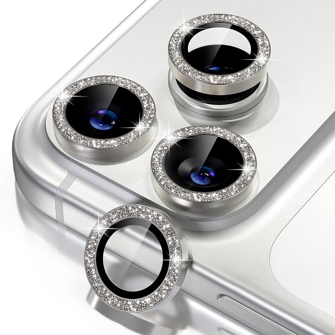 Misea Compatible for iPhone 17 Pro/iPhone 17 Pro Max Camera Lens Protector | 9H Tempered Glass Ultra HD Bling Camera Screen Protector Cover Metal Individual Ring Accessories, Natural Titanium Glitter by Misea