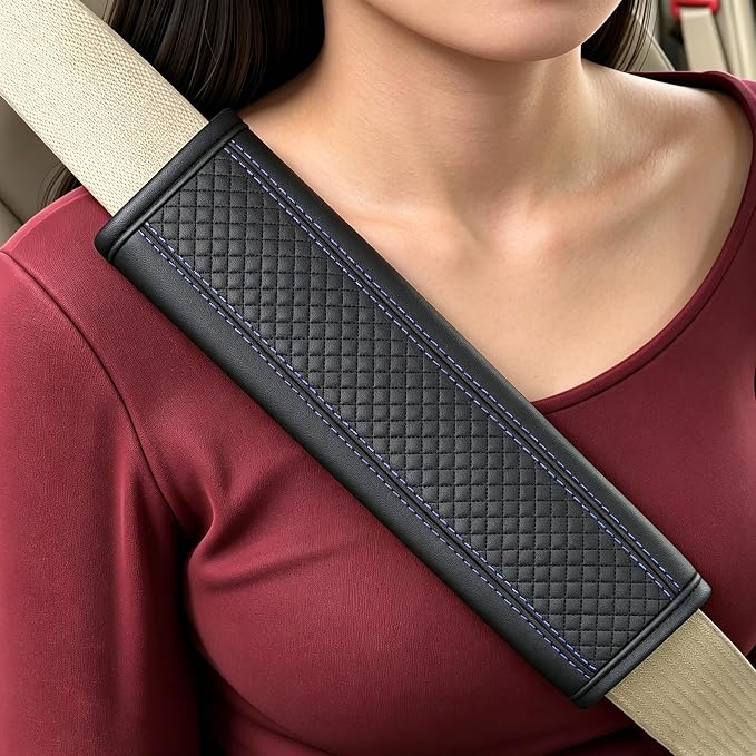 Seat Belt Pads Leather Seat Belt Covers More Comfort Driving Cushion Helps Protect Your Neck and Shoulders Suit for Car, Truck, SUV, Airplane,Camera Backpack Straps Black+Blue-2Pcs by JAVMOO