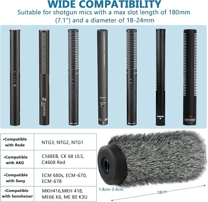 NTG3 Shotgun Mic Windscreen Deadcat Pop Filter Compatible with Rode NTG3, NTG2, Sennheiser MKH416, MKH418, Sony ECM 680s ECM-670 ECM-678, AKG C568EB, C4608, 7.1" Long Microphone Cover Muff Wind Shield - Image 3