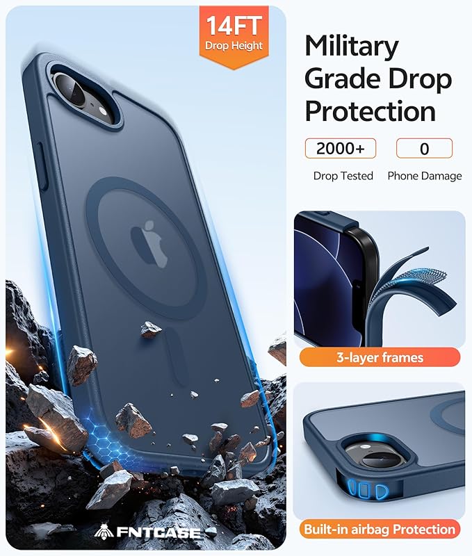 FNTCASE for iPhone 17e/ iPhone 16e Case, Fit for Magsafe, Screen Protector | Translucent Matte Magnetic Back, 14FT Military Grade Drop Protection, Shockproof Protective Phone Cover, Blue - Image 5