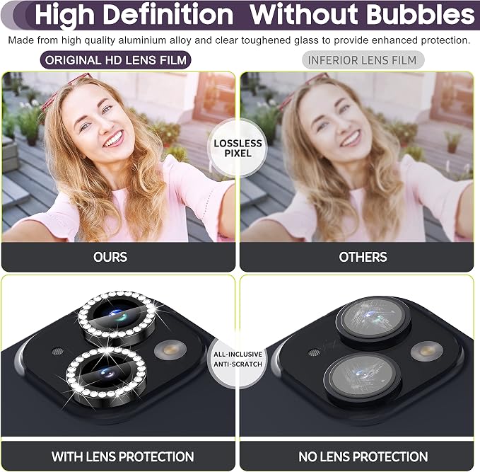 Suoman for iPhone 14 6.1 inch / 14 Plus 6.7 inch Camera Lens Protector, 9H Tempered Glass Film, [Does not Affect Night Shots] Metal Frosted Diamonds Independent Protective Cover- Diamond Black - Image 5