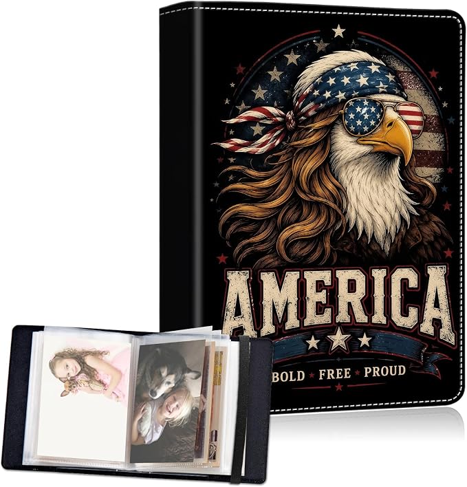 Small Photo Album 4x6, 60 Pockets Holds 120 Photos, Slip-in Pocket Photo Storage Book with Black Elastic Band for Family Wedding Baby Travel Pictures, Vintage Bald Eagle Usa Flag by Unknown