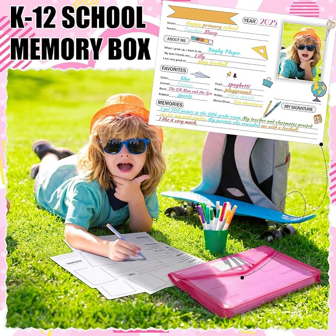 Motipuns 14 Pack K-12 School Memory Box Back to School, Pink | Large Capacity Organizer, 16 Questionnaire Cards, Photo Album Keepsake Scrapbook, from Pre to 12th Grade File Picture Folder - Image 2