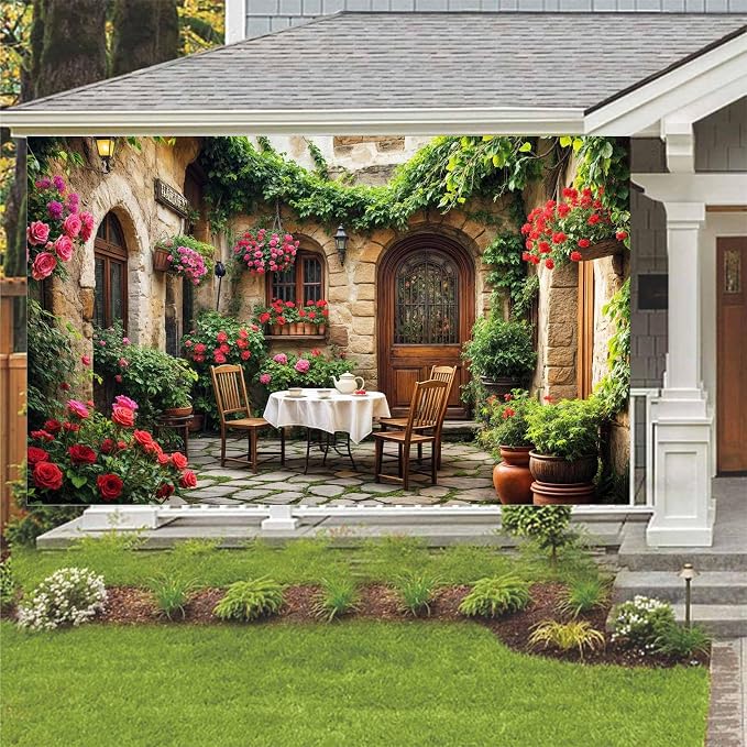 12X10ft Italian Theme Backdrop Italy Town Street Backdrop for Photography, Europe Village Town Landscape Photography Background Garden Tea Party Barnner Photo Studio Props, Color-1 - Image 2