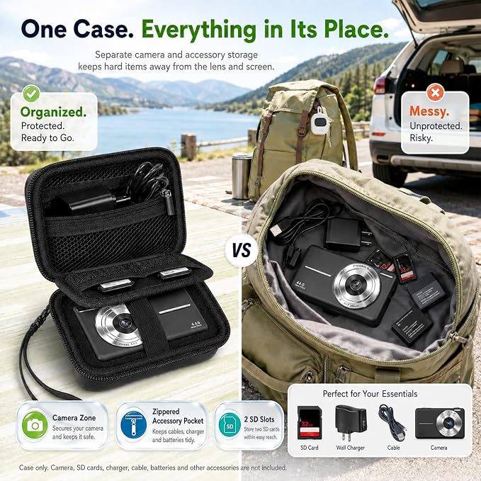 Comecase Camera Case for Kodak PIXPRO FZ55/FZ45, 2 SD Card Slots, Jet Black | Hard EVA Shell, Padded Divider and 2 SD Card Slots Organize a Compact Camera, Charger and Cable for Travel. Case Only. - Image 5