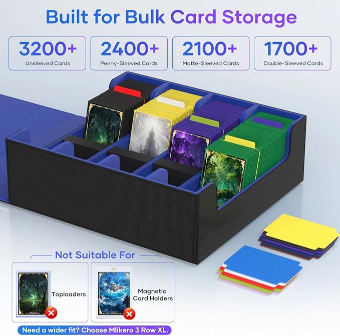 Mlikero Trading Card Storage Box, Bulk Card Storage for 2400+ Sleeved Cards, PU Leather Magnetic Closure Card Organizer with 10 Dividers & 4 Foam Stoppers, Fit for MTG, TCG and Sports Cards (Blue) - Image 3