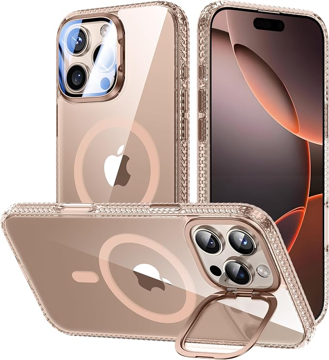 VOFATA [Upgraded] for iPhone 16 Pro Case with Camera Cover Stand [Fit for MagSafe][9H Camera Lens Protector] Mil-Grade Protection Transparent Magnetic iPhone 16 Pro Phone Case, Clear Gold by VOFATA