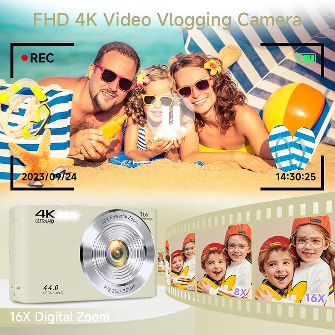 Digital Camera for Teens, 4K 44MP FHD 16x Zoom Point Shoot Camera 64GB Card | Autofocus, Fill Light, Webcam Mode, Continuous Shooting, Time-Lapse, Filters, Easy Operation, Ideal for Beginners Kids - Image 2