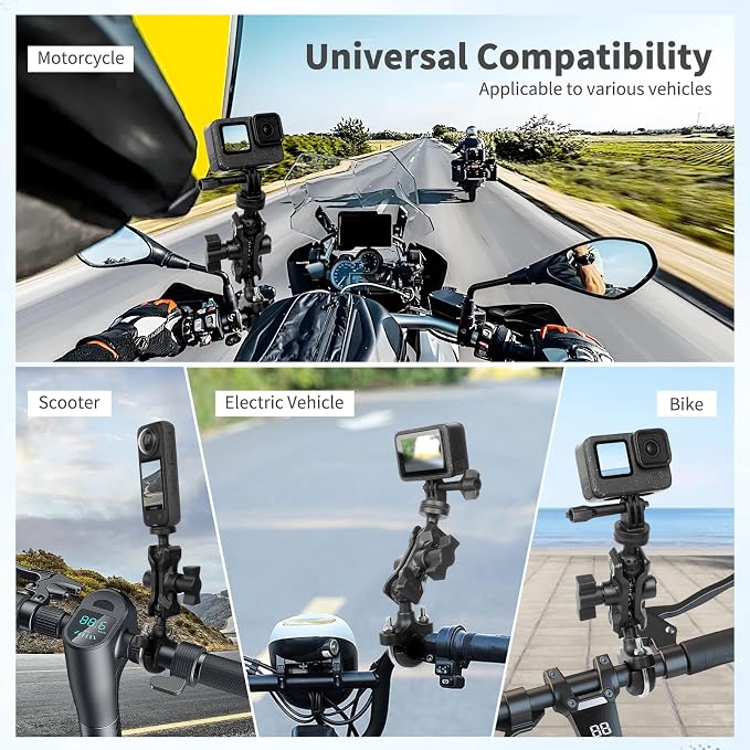 Bike Motorcycle Camera Mount Bundle Kit, 1/4 Screw & Tripod Mount Adapter, 360°Rotating Ball Head Base -Ballhead Arm Bracket Clamp for lnsta360/G0pro, Handlebar Stype(0.59"-1.38") 75013 - Image 5