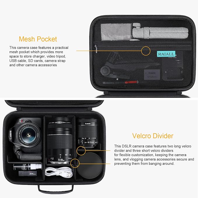 RAIALL Case for Canon EOS Rebel T7/R50/R100/Sony/Nikon D7500 Camera, Black | for R50V/R8/R10/RP/R7/R6 Mark II/R5 DSLR SLR, Lens, Tripod, Hard Protective Travel Bag with a Shoulder Strap and 5 Dividers - Image 5
