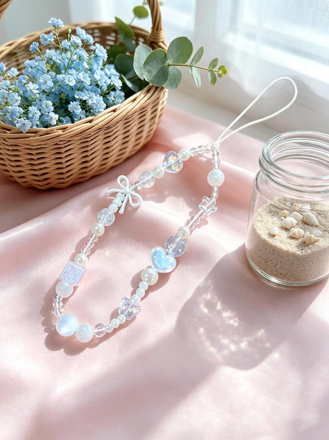 2 Pcs Phone Charm Strap Hand Wrist Strap Camera Lanyard Pearl Beaded Cute Chain String Accessories Universal for iPhone 17 Pro Max 16 15 14 for Samsung Women Girls Keychain Bag White Pearls and Bows - Image 8