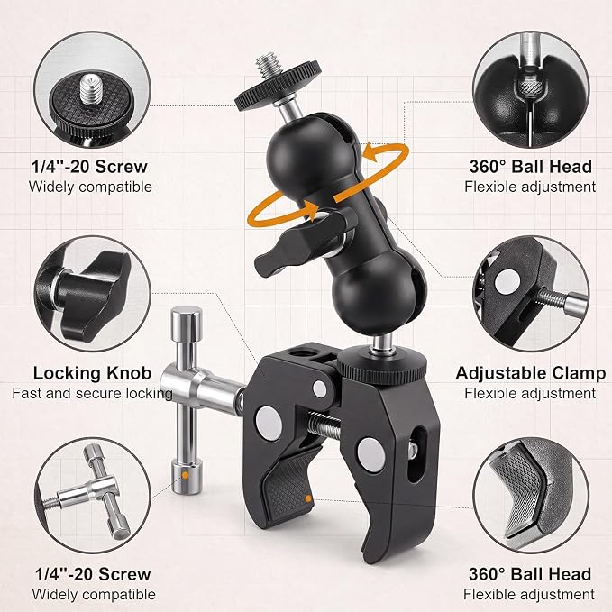 Tellegloww 4 Pack Camera Mount Clamp with 360° Dual Ball Head Magic Arm, Heavy Duty Super Clamps Mount Kit, Adjustable Camera Clamp for DSLR Monitor LED Light Microphone, 1/4" and 3/8" Thread - Image 4