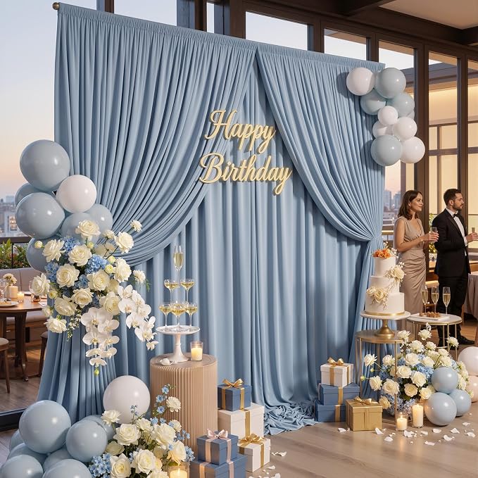 10x10ft Wrinkle Free Dusty Blue Backdrop Curtains for Parties, 2 Panels 5x10ft Silky Polyester Photo Backdrop Drapes Back Drop Cloth for Wedding Birthday Photography Background - Image 3