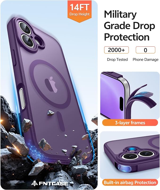 FNTCASE for iPhone 16 Case, Fit for Magsafe, Screen Protector, Purple | Full Camera Protection, Translucent Matte, 14FT Military Grade Drop Proof, Shockproof Protective Phone Cover - Image 5