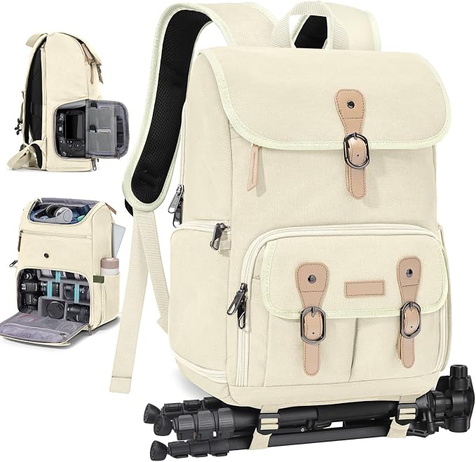 RAINSMORE Camera Backpack, DSLR SLR Mirrorless Camera Bag for Photographer | 15.6 Inch Vintage Canvas Camera Case with Laptop Compartment & Tripod Holder & Rain Cover for Sony Canon Nikon Fujifilm Beige by RAINSMORE
