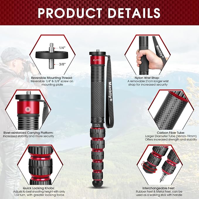 Camera Monopod, C-777L 36mm Tube Carbon Fiber Monopod with Walking Stick Handle, Portable Compact Lightweight for DSLR Cameras Travel, Max Load 40lbs - Image 4