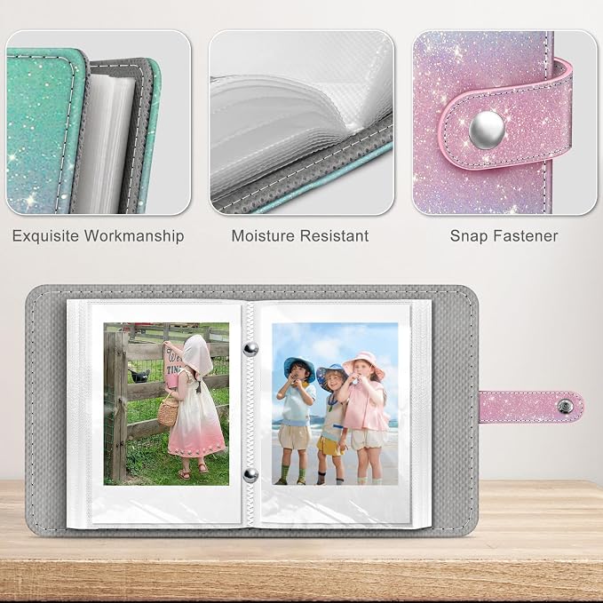 Fintie Mini Photos Album Book for 2x3 Inch Films - 52 Pockets Small Albums | For Fujifilm Instax Mini, Polaroid Hi-Print Pictures, Portable Kpop Photocard Holder, Travel Memory Book, Glitter Green/Pink - Image 3