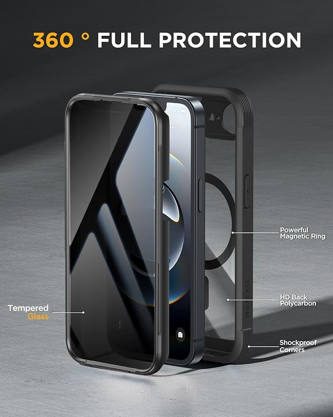 miracase for iPhone 17e & 16e Case with Built-in Private Screen Protector, [Magnetic with MagSafe] Full-Body Phone Cover Military Drop Proof 17 E/ 16 E Bumper 6.1 inch, Black - Image 3