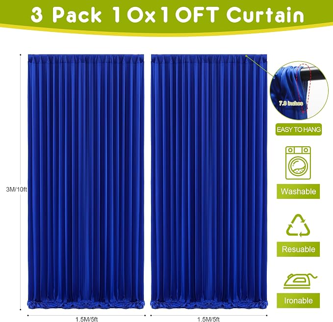 Royal Blue Backdrop Curtain Drapes for Parties, 3Pack 10x10FT | Wrinkle Free Polyester Curtain Backdrop Draping Fabric for Backdrop Photoshoot Birthday Party Background,6 Panel 5x10FT - Image 2