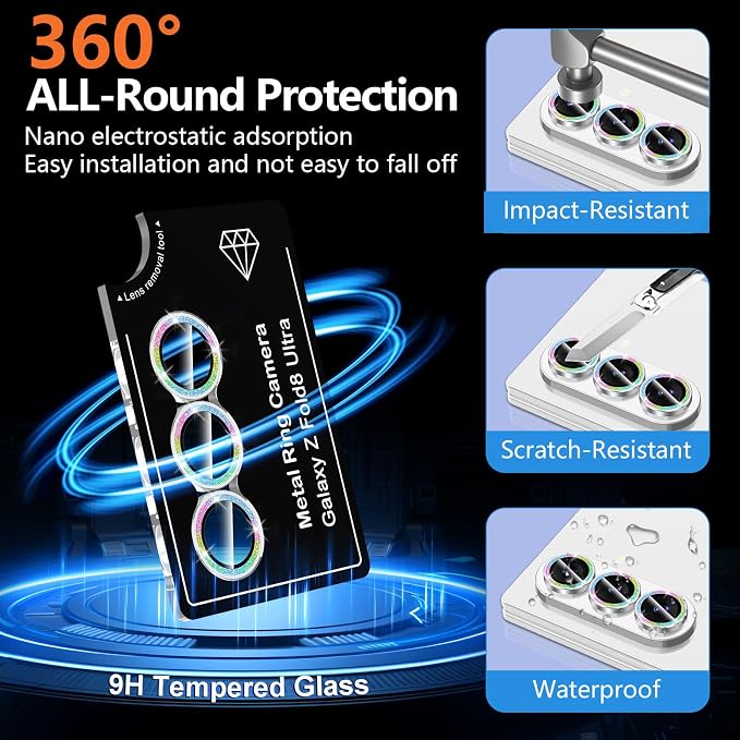 for Samsung Galaxy Z Fold 8 Ultra Camera Lens Protector, Individual Metal Ring Tempered Glass Lens Cover, [Strong Adsorption] Scratch Resistant Ultra-Thin HD Clear Lens Cover, 1 Set-Colorful Sparkly - Image 2