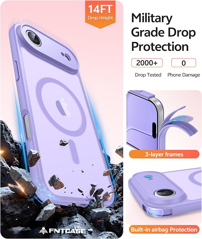 FNTCASE for iPhone Air Case, Fit for Magsafe, with Glass Screen Protector | Full Camera Protection, Translucent Matte, 14FT Military Grade Drop Proof, Shockproof Protective Phone Cover, Light Purple - Image 5