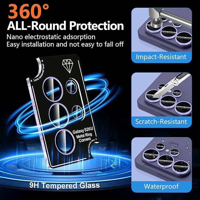 for Samsung Galaxy S26 Ultra Camera Lens Protector, Individual Metal Ring Tempered Glass Lens Cover, [Strong Adsorption] Scratch Resistant Ultra-Thin HD Clear Lens Cover, 1 Set-Purple Shine - Image 4